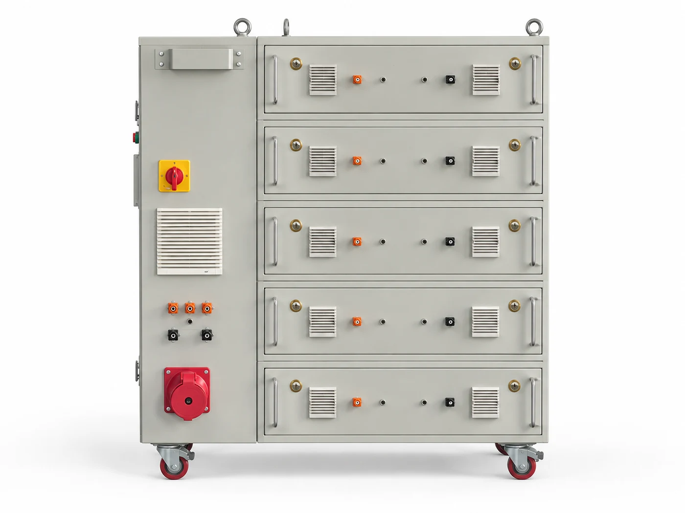 Front view of TOBOR modular battery energy storage cabinet with five stacked modules