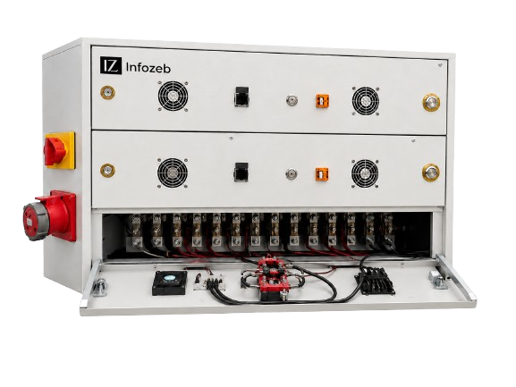 Custom Infozeb BMS PCB inside an open cabinet — battery management hardware designed in-house