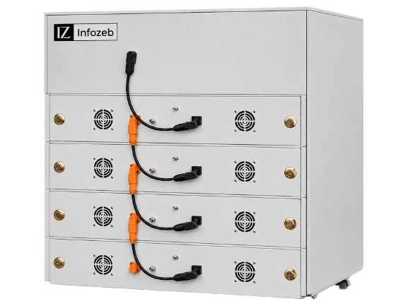 Infozeb BESS cabinet — the hybrid inverter lives inside, with solar, battery, grid and load all wired to a single enclosure