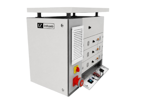 Stacked LiFePO4 battery modules with cooling fans and interconnect cables