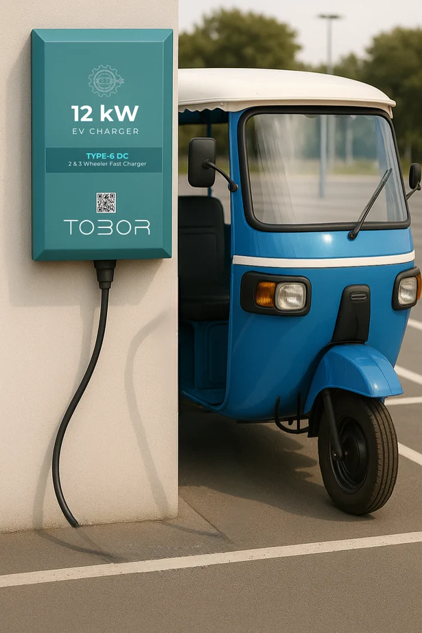 TOBOR 12 kW DC charger shown alongside an electric three-wheeler in the product brochure