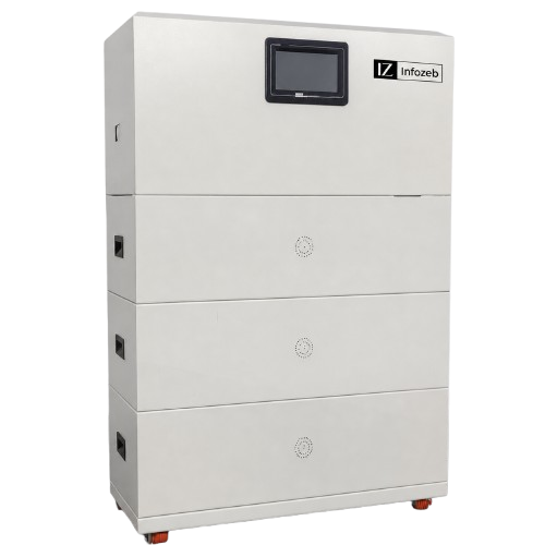 Infozeb BESS cabinet under assembly — cell modules, BMS, AC outlets and emergency stop visible