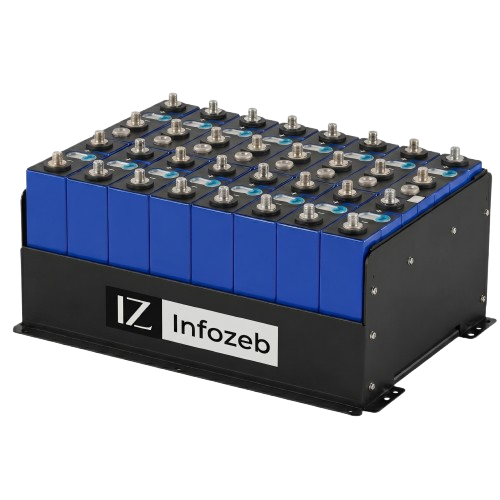 Infozeb 48V battery pack — 16 prismatic LiFePO4 cells in a steel enclosure